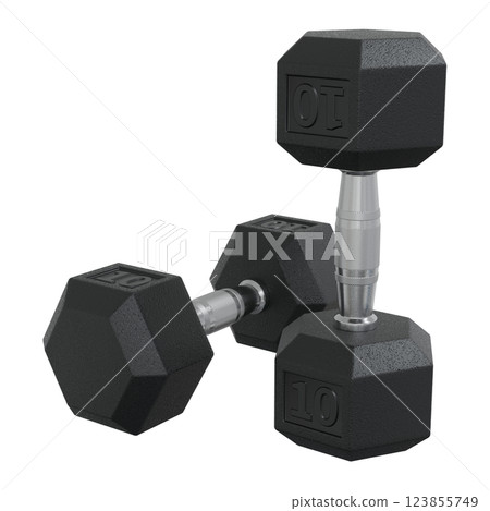 Two Hex Dumbbells with number 10, weightlifting gym equipment 123855749