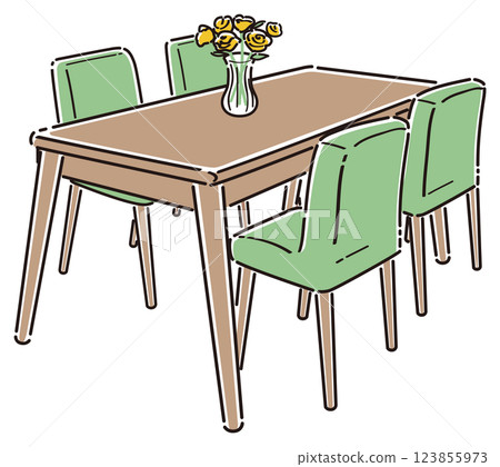 Illustration of a four-seater dining table set (line drawing) Illustration of a four-seater dining table set (line drawing) 123855973