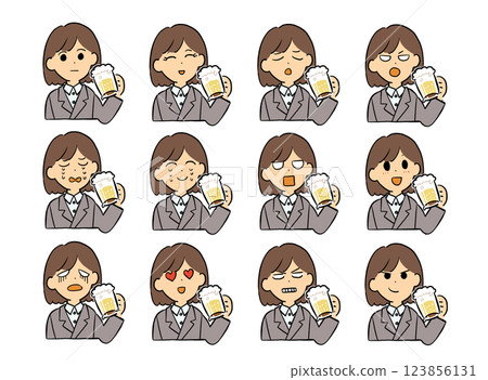 A woman in a suit drinking beer with 12 different facial expressions 123856131