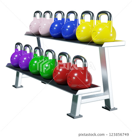 Gym rack with different Olympic kettlebells, cast iron powerlifting equipment 123856749