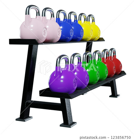 Gym rack with different Olympic kettlebells, cast iron powerlifting equipment Gym rack with different Olympic kettlebells, cast iron powerlifting equipment 123856750