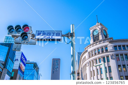 Tokyo cityscape in Japan: Towards a new era... Seiko House Ginza and other buildings stand out against the blue sky (7th) 123856765