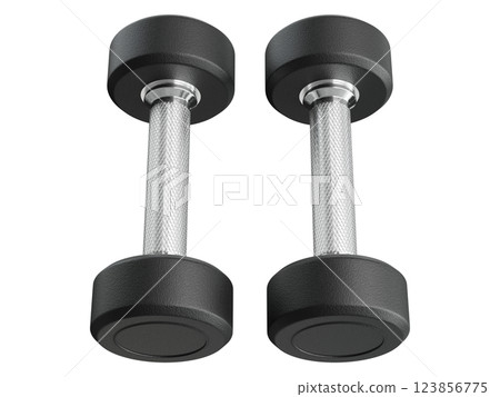 Two Blank Round Rubber Dumbbells, weightlifting gym equipment top view 123856775