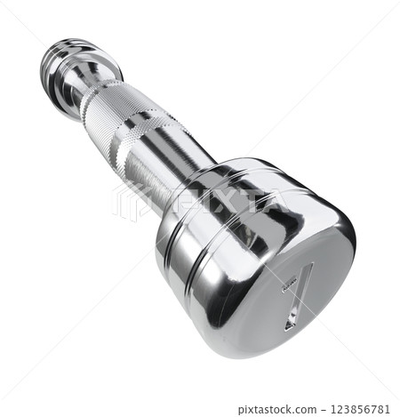 Round Chrome Dumbbell with number 1, weightlifting gym equipment wide angle view 123856781