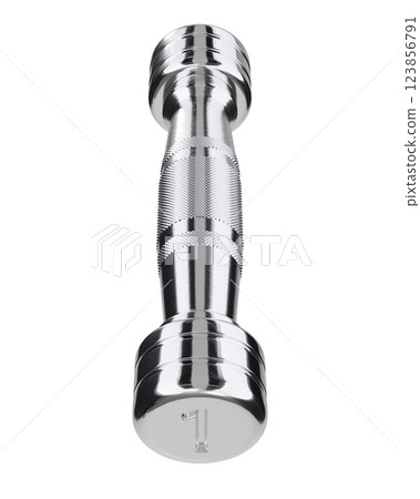 Round Chrome Dumbbell with number 1, weightlifting gym equipment top view Round Chrome Dumbbell with number 1, weightlifting gym equipment top view 123856791