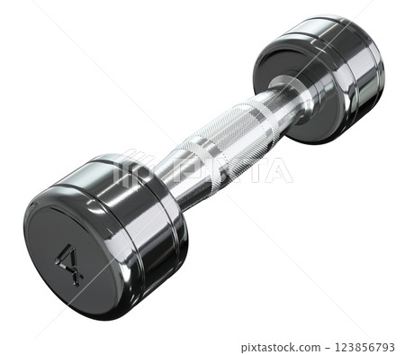 Round Chrome Dumbbell with number 4, weightlifting gym equipment side view Round Chrome Dumbbell with number 4, weightlifting gym equipment side view 123856793