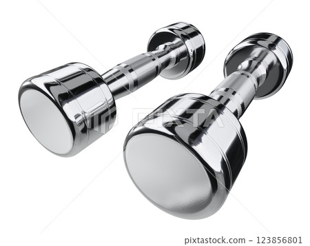 Two blank Round Dumbbells, chrome weightlifting gym equipment wide angle view 123856801
