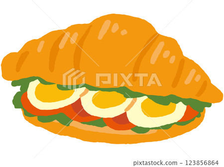 牛角麵包三明治插圖(雞蛋,西紅柿,生菜) 牛角麵包三明治插圖(雞蛋,西紅柿,生菜) 123856864