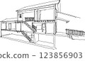 hand drawn architectural sketch of section of classic two story detached house with roof and stairs 123856903