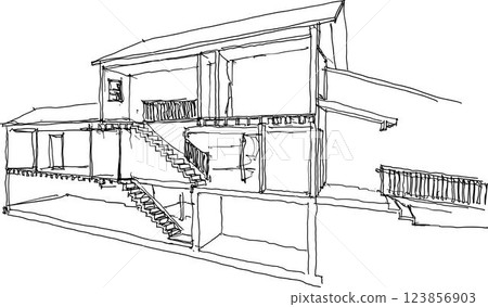 hand drawn architectural sketch of section of classic two story detached house with roof and stairs 123856903