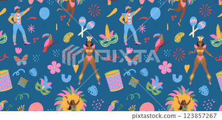 Carnival in Brazil. Seamless pattern with masks, exotic bird, dancing people, flowers. Modern vector illustration Carnival in Brazil. Seamless pattern with masks, exotic bird, dancing people, flowers. Modern vector illustration 123857267