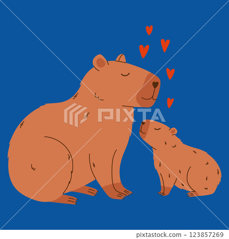 Capybara characters. Happy family of mother and baby capybara. Hand drawn vector illustration. Capybara characters. Happy family of mother and baby capybara. Hand drawn vector illustration. 123857269
