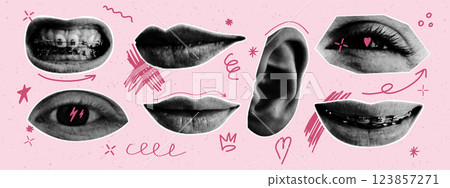 Set of retro halftone eyes, lips and ear. Collage elements with cutout shape and doodle elements. Modern vector illustration. Set of retro halftone eyes, lips and ear. Collage elements with cutout shape and doodle elements. Modern vector illustration. 123857271