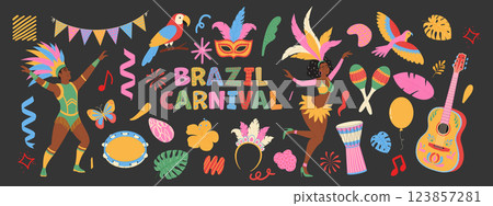 Traditional Brazil symbols set. Masks, bird, dancing people in costume, guitar, garland. Trendy collection Traditional Brazil symbols set. Masks, bird, dancing people in costume, guitar, garland. Trendy collection 123857281