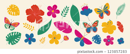 Tropical flowers and leaves set. Hand drawn exotic plants. 123857283