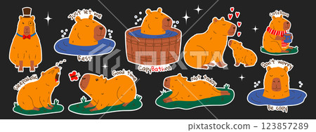 Capybara stickers set with text. Set of rodent characters swimming in pond, relaxing, walking, sleeping, drinking coffee. Hand drawn vector illustration. 123857289