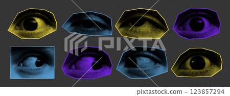 Halftone eyes. Paper cutout elements. Contemporary vector illustration. Halftone eyes. Paper cutout elements. Contemporary vector illustration. 123857294