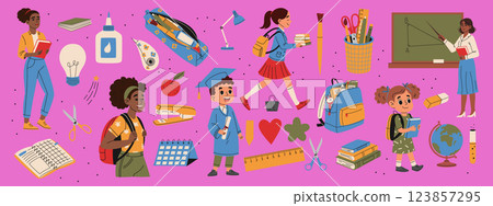 Set of school stationery. Teacher, school student, backpack, glue, button, books, scissors, brush, proofreader, stapler, paper clip. Hand drawn illustration. 123857295