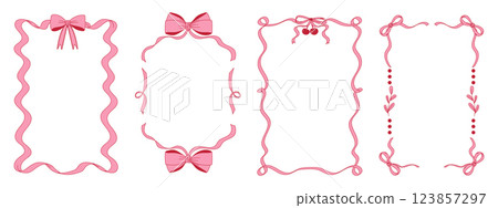 Pink bow ribbon frame set. Hand drawn trendy ribbons borders. Modern coquette style. Pink bow ribbon frame set. Hand drawn trendy ribbons borders. Modern coquette style. 123857297