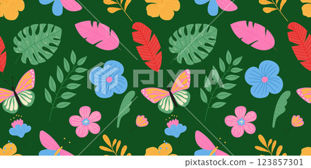Bright tropical flowers and leaves seamless pattern. Hand drawn floral print. 123857301