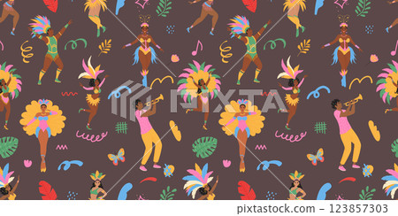 Brazilian carnival seamless pattern. Dancing people in costume and doodle elements. Trendy vector background 123857303