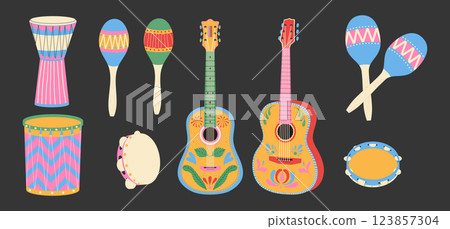 Musical instruments set. Maracas, drums, guitar with pattern. Festive carnival accessory. 123857304