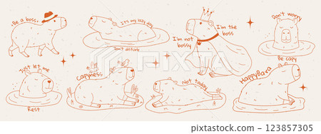Cute capybara set with text. Set of rodent characters swimming in pond, relaxing and walking. Rough crayon strokes. Hand drawn vector illustration. 123857305