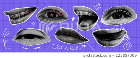 Trendy halftone collage eyes and lips with doodle elements. Dotted pop art style. Modern vector illustration. Trendy halftone collage eyes and lips with doodle elements. Dotted pop art style. Modern vector illustration. 123857309