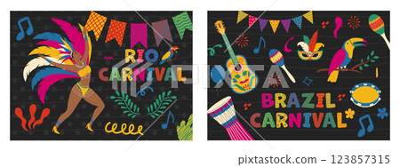 Contemporary Brazil carnival poster set. Trendy banner collection with dancing woman, flag garland, musical instrument and doodle elements. Contemporary Brazil carnival poster set. Trendy banner collection with dancing woman, flag garland, musical instrument and doodle elements. 123857315