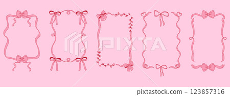 Vintage bows frames set. Wavy borders with bows. Hand drawn coquette girly style. 123857316