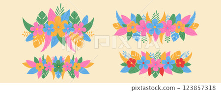 Spring botanical horizontal border. Colorful blooming flowers and exotic leaves. Set of floral daisy borders. 123857318