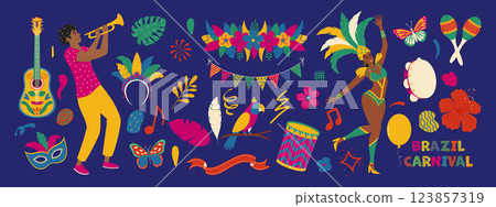 Brazilian carnival set. Masks, exotic bird, dancing people, guitar, flowers. Modern vector illustration 123857319