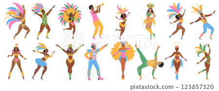 Dancers of Brazilian carnival. Set of characters in festival costumes dancing. Modern vector illustration 123857320