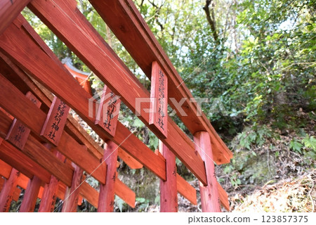 Yutoku Inari Shrine: Red torii gate leading to the inner sanctuary Yutoku Inari Shrine: Red torii gate leading to the inner sanctuary 123857375