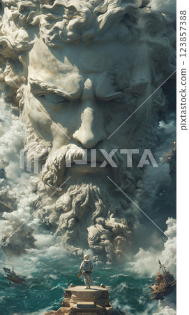 Zeus face emerges from stormy clouds as astronaut stands before flooding sea 123857388