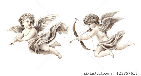 Cherub angels cupids of love, set of two cupids made of ceramic material. Watercolor illustration in vintage style, suitable for wedding, Valentine's Day, anniversary, cards, posters and banner Cherub angels cupids of love, set of two cupids made of ceramic material. Watercolor illustration in vintage style, suitable for wedding, Valentine's Day, anniversary, cards, posters and banner 123857615