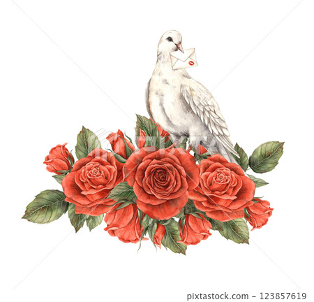 White dove with letter and kiss surrounded by bouquet of bright red realistic roses with leaves. Watercolor hand drawn illustration in vintage style, for Valentine's Day, wedding, anniversary design White dove with letter and kiss surrounded by bouquet of bright red realistic roses with leaves. Watercolor hand drawn illustration in vintage style, for Valentine's Day, wedding, anniversary design 123857619
