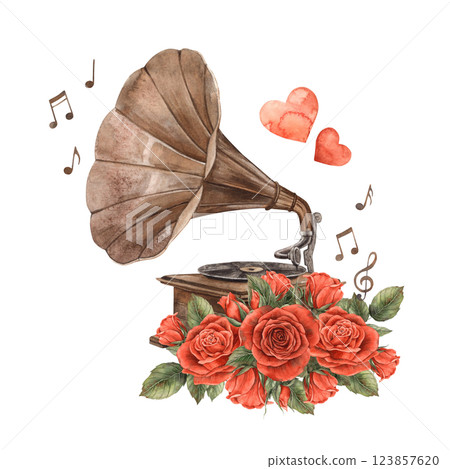 Vintage old gramophone with bouquet of red roses and green leaves, with notes and hearts around. Watercolor illustration for wedding, Valentine's Day, anniversary, cards, posters, banners, souvenirs Vintage old gramophone with bouquet of red roses and green leaves, with notes and hearts around. Watercolor illustration for wedding, Valentine's Day, anniversary, cards, posters, banners, souvenirs 123857620