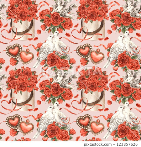 Bouquet of red velvet roses, angel cupid of love, a pair of doves surrounded by roses, vintage hearts nearby. Watercolor seamless pattern for textiles, packaging, wedding design, Valentine's Day. 123857626
