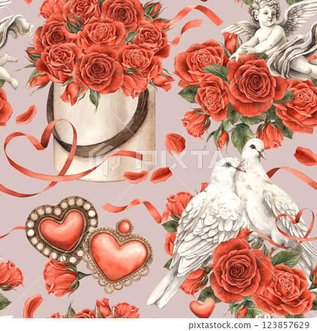 A large bouquet of red roses, a cupid angel of love, a couple of cute doves surrounded by flowers. Watercolor seamless pattern for textile design, packaging, banners for weddings, Valentine's Day 123857629