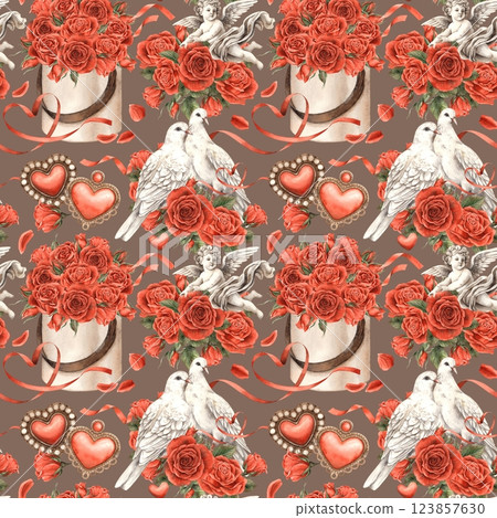 Bouquet of red velvet roses, angel cupid of love, a pair of doves surrounded by roses, vintage hearts nearby. Watercolor seamless pattern for textiles, packaging, wedding design, Valentine's Day Bouquet of red velvet roses, angel cupid of love, a pair of doves surrounded by roses, vintage hearts nearby. Watercolor seamless pattern for textiles, packaging, wedding design, Valentine's Day 123857630