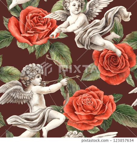 Angel Cupid symbol of love flies among red bright roses with green leaves. Watercolor seamless pattern in vintage style, for decorating packaging, banners for weddings, Valentine's Day, birthdays Angel Cupid symbol of love flies among red bright roses with green leaves. Watercolor seamless pattern in vintage style, for decorating packaging, banners for weddings, Valentine's Day, birthdays 123857634