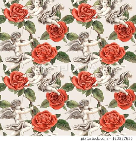 Angel Cupid symbol of love flies among red roses with green leaves. Watercolor seamless pattern on a gray background. For the design of packaging, banners for weddings, Valentine's Day, birthdays Angel Cupid symbol of love flies among red roses with green leaves. Watercolor seamless pattern on a gray background. For the design of packaging, banners for weddings, Valentine's Day, birthdays 123857635