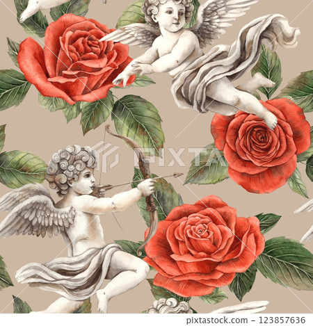 Angel Cupid symbol of love flies among red bright roses with green leaves. Watercolor seamless pattern in vintage style, for decorating packaging, banners for weddings, Valentine's Day, birthdays 123857636