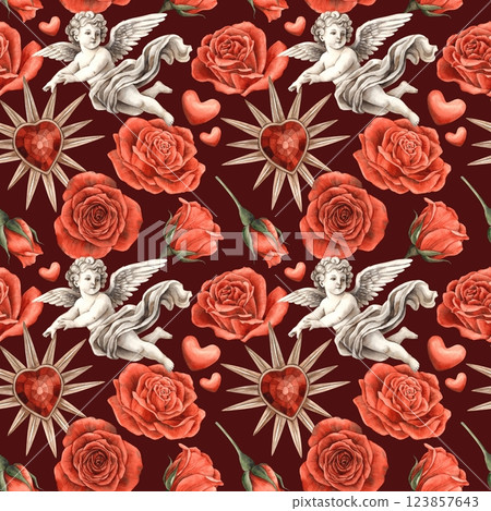 Red roses, vintage heart with a crystal and a plaster cupid-angel. Watercolor seamless pattern on a burgundy background, for packaging design, textiles for weddings, Valentine's Day, birthdays. Red roses, vintage heart with a crystal and a plaster cupid-angel. Watercolor seamless pattern on a burgundy background, for packaging design, textiles for weddings, Valentine's Day, birthdays. 123857643
