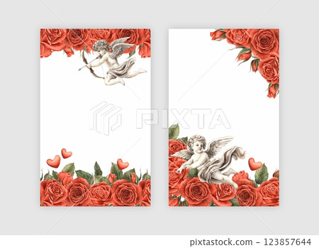 Bouquet of red roses with green leaves, flying angel-cupid and hearts between them. Watercolor set of templates for cards, invitations, banners for wedding, Valentine's Day, birthdays, anniversaries 123857644
