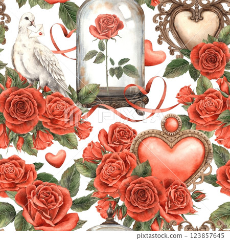 Seamless watercolor pattern with red roses, hearts, white dove, glass domes with roses inside and elegant ribbons. Perfect for Valentine's Day, wedding designs, greeting cards, fabric and gift wrap 123857645