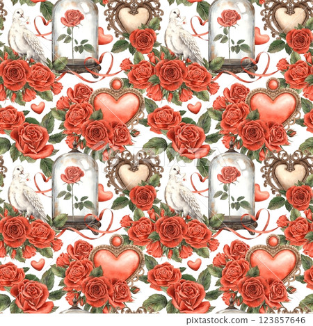 Red roses, vintage hearts, white doves, glass domes with roses inside and elegant ribbons. Watercolor pattern is perfect for Valentine's Day, wedding designs, greeting cards, fabric and gift wrap 123857646