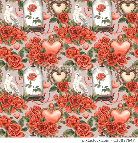 Seamless watercolor pattern with red roses, hearts, white dove, glass domes with roses inside and elegant ribbons. Perfect for Valentine's Day, wedding designs, greeting cards, fabric and gift wrap 123857647