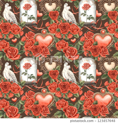 Red roses, vintage hearts, white doves, glass domes with roses inside and elegant ribbons. Watercolor pattern is perfect for Valentine's Day, wedding designs, greeting cards, fabric and gift wrap 123857648
